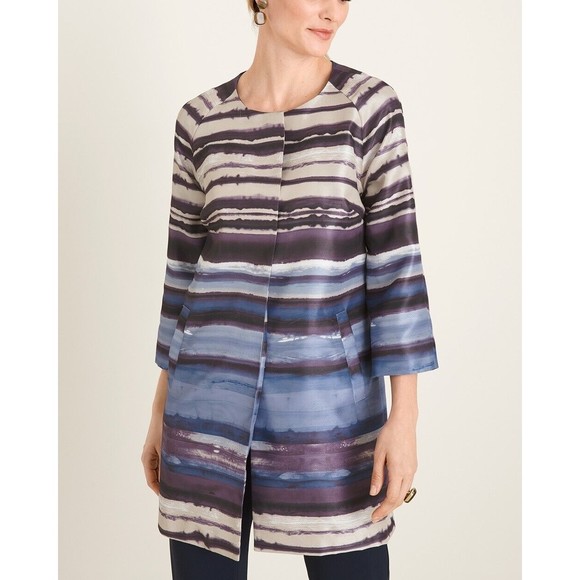 Chico‘s Duster Rayé Moderne – Femme – Taille M – Ouvert Devant – Beige Et Blanc